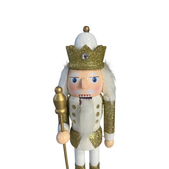 Nutcracker Figurine Gold White Glitter Wooden Christmas Decoration New - Picture 3 of 4